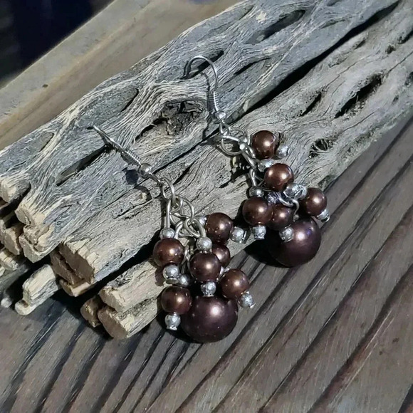 Hand Crafted Purple Bronze Glass Pearl Beads Cluster Dangle Earrings - Picture 5 of 7